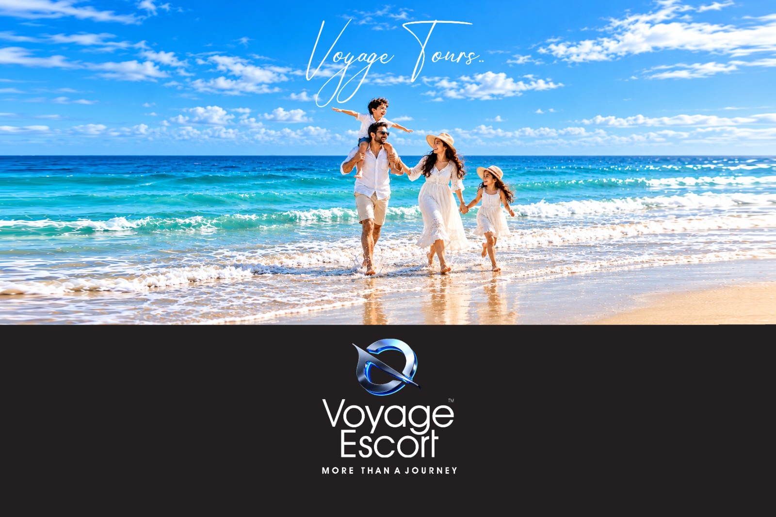 Voyage Yours beach image and Voyage Escort logo with More Than a Journey tagline